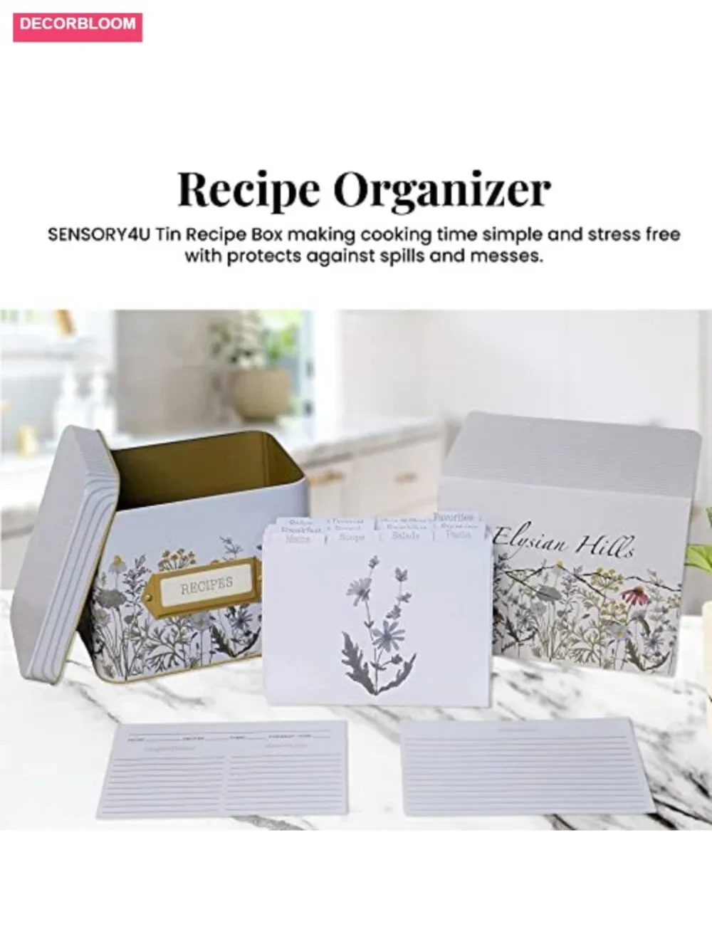 Recipe Box Tin with 100 4x6 Cards & 12 Dividers Wildflower Print